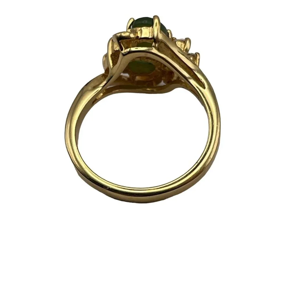 VTG JC Signed Cocktail Ring Gold Tone Rhinestone & Green Gemstone Cabs Size 5.75